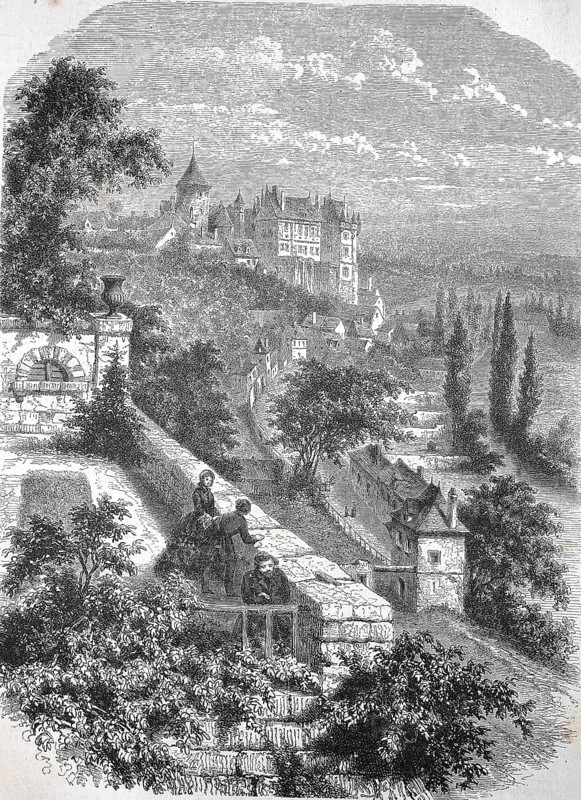 Historical, digitally restored reproduction from a 19th century original, Record date not stated, View of Châteaudun with the castle in the Eure-et-Loir department in the Centre-Val de Loire region in 1855, France, Europe