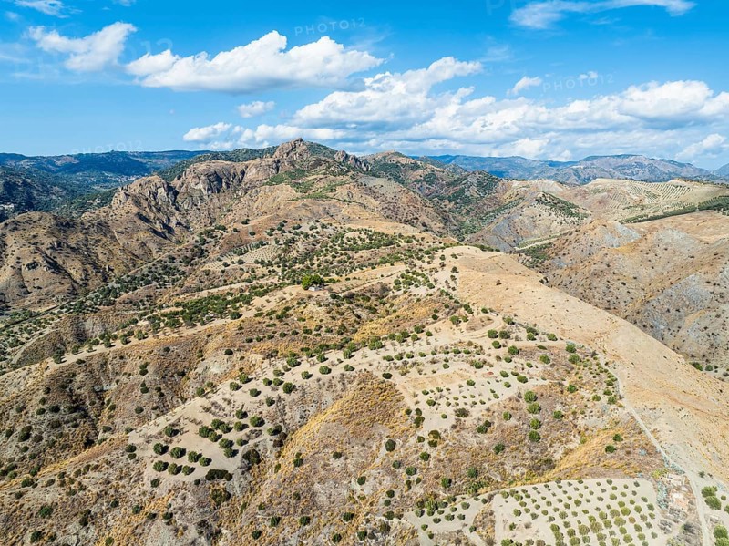 Mountains and Olive groves around Ghost Town from a drone, Pentedattilo Village, Calabria, Italy, Europe