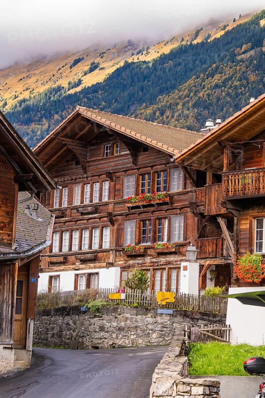 Traditional wooden houses in an alpine village with floral decorations in front of mountains, Lake Brienz, Brienz, Switzerland, Europe