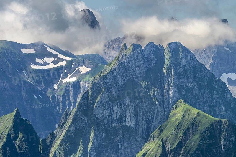 Mountain panorama from the Nebelhorn, 2224m, to the Höfats 2259m, behind it the Großer Krottenkopf, 2656m Allgäu Alps, Allgäu, Bavaria, Germany, Europe