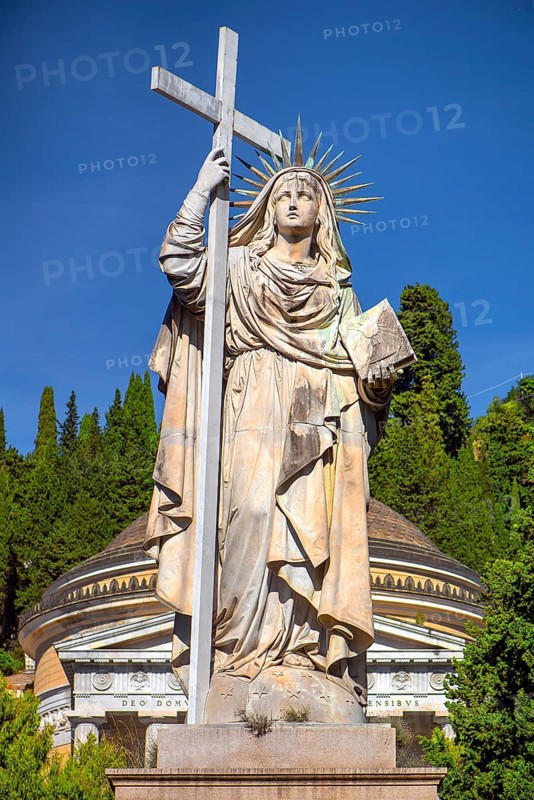 Monumental statue of a saint at the entrance to the Staglieno Monumental Cemetery, Cimitero Monumentale di Staglieno, Piazzale Giovanni Battista Resasco, Genoa, Italy, Europe
