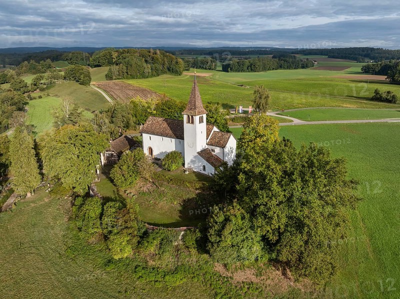 Aerial view of the Romanesque mountain church of St Michael near Büsingen am Hochrhein, district of Constance, Baden-Württemberg, Germany, Europe