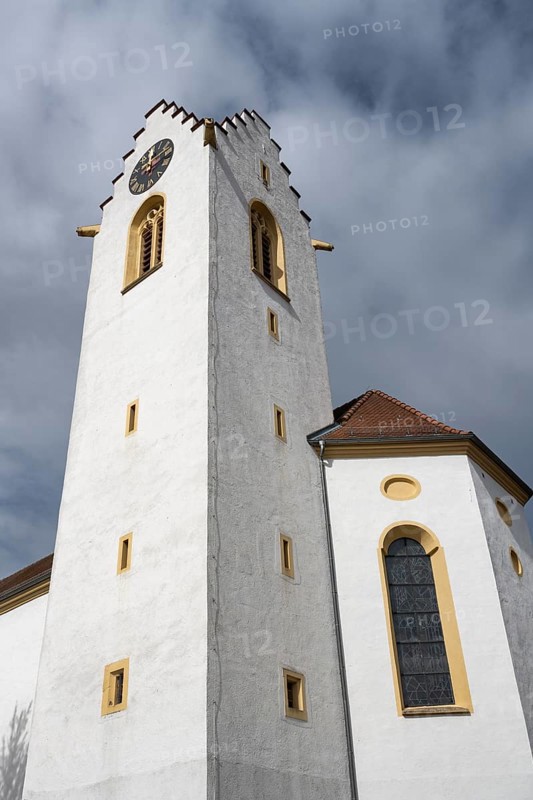 The Catholic parish church of St Nicholas in the historic upper town of Aach im Hegau, district of Constance, Baden-Württemberg, Germany, Europe