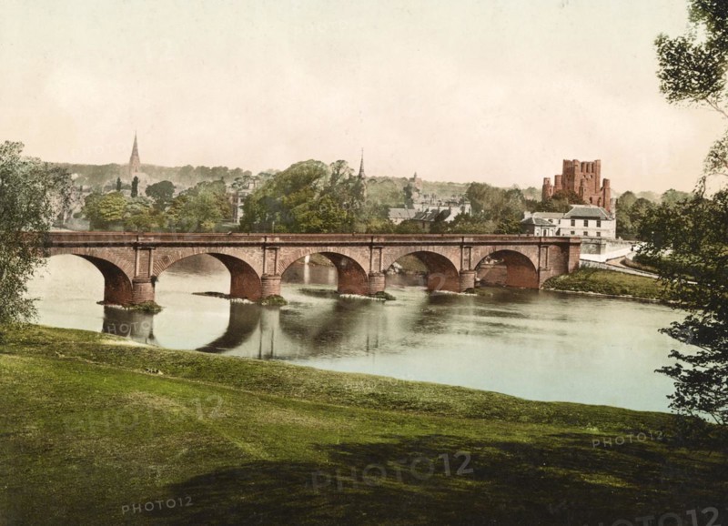 Kelso. Bridge and Kelso Abbey, a former abbey in south-east Scotland, c. 1890, Historic, digitally restored reproduction from a 19th century original