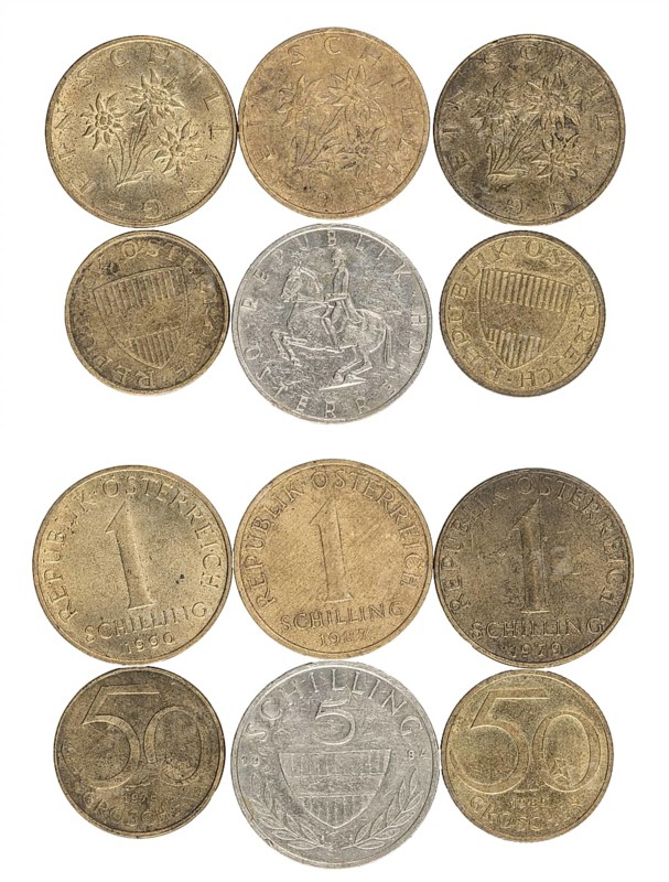 Collection of various Austrian coins, schillings and groschen, circulation money, obverses and reverses