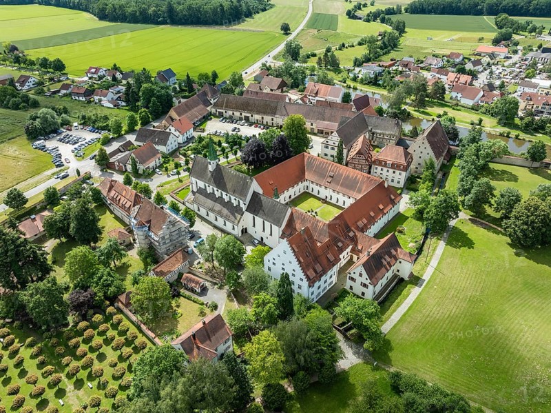 Aerial view of the village of Heiligkreuztal with the cathedral and the former Cistercian nunnery, district of Biberach, Upper Swabia, Baden-Württemberg, Germany, Europe