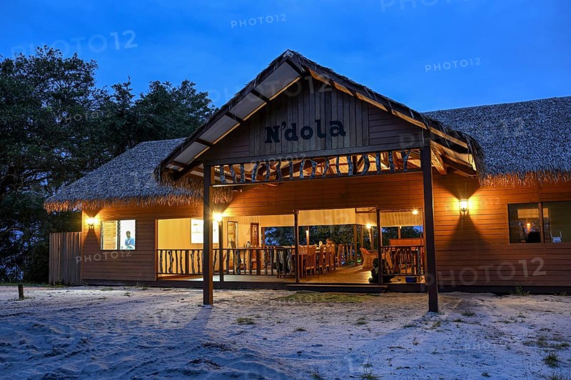 Loango Lodge, main building, blue hour, Loango National Park, Parc National de Loango, Ogooué-Maritime Province, Gabon, Africa