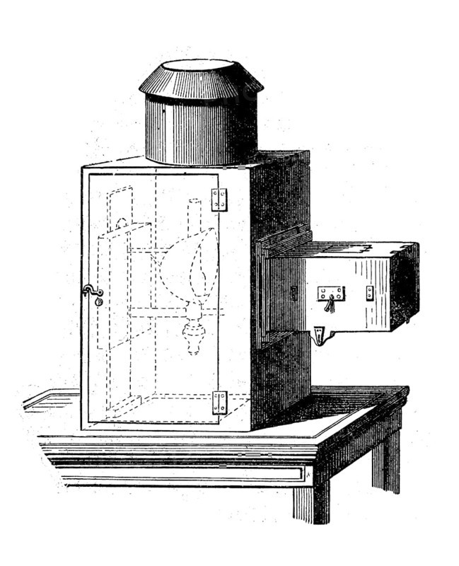 Laterna magica, magic lantern or skiopticon is a projection device that was widely used throughout Europe from the 17th to the 20th century, Historical, digital reproduction of an original 19th century model