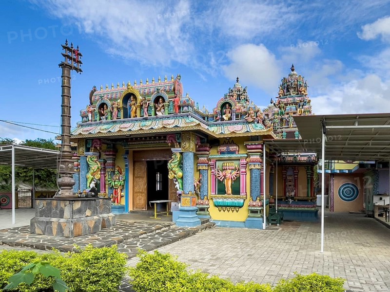 Entrance to prayer hall of Hindu temple Shri Sri Draupadi Amman Kovil Temple, Cap Malheureux, Mauritius, Africa