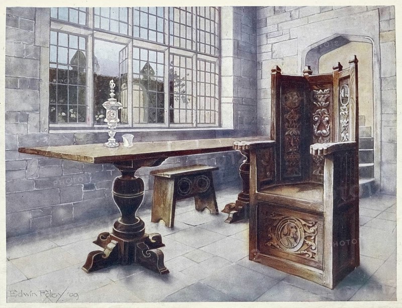 Furniture around the turn of the century 1900, Oak trestle table, 'Mine host's' chair (1910, 1911), Oak trestle table, 'Mine host's' chair (1910, 1911) .jpg