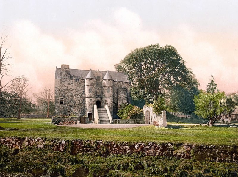 Rowallan Castle is a manor house in the Scottish council area of East Ayrshire, Kilmarnock, Scotland, Historic, circa 1900, digitally restored reproduction based on a 19th century original Rowallan Castle is a manor house in the Scottish council area of East Ayrshire, Historic, circa 1900, digitally restored reproduction based on a 19th century original