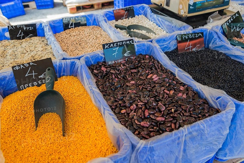 Various pulses in large containers at a market, market, Nafplio, Nauplia, Nauplion, Nafplion, Argolis, Peloponnese, Greece, Europe