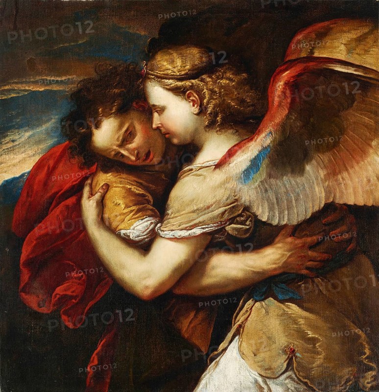 Jacob wrestling the Angel, painting by Luca Giordano (Italian, 1634-1705), historically, digitally restored reproduction of a 17th-century original, exact date unknown, Jacob wrestling the Angel, painting made by Luca Giordano (Italian, Historically, digitally restored reproduction of a 17th-century original, exact date unknown