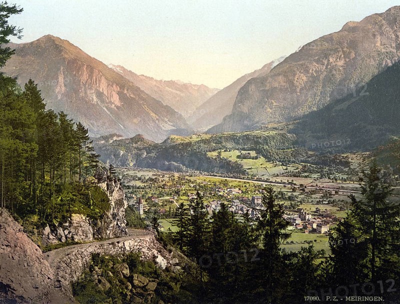 General view of Meiringen, Bernese Oberland, Switzerland, Historic, digitally restored reproduction from a 19th century original, Record date not stated, General view of Meiringen, Bernese Oberland, Switzerland, Historic, digitally restored reproduction from a 19th century original, Record date not stated, Europe