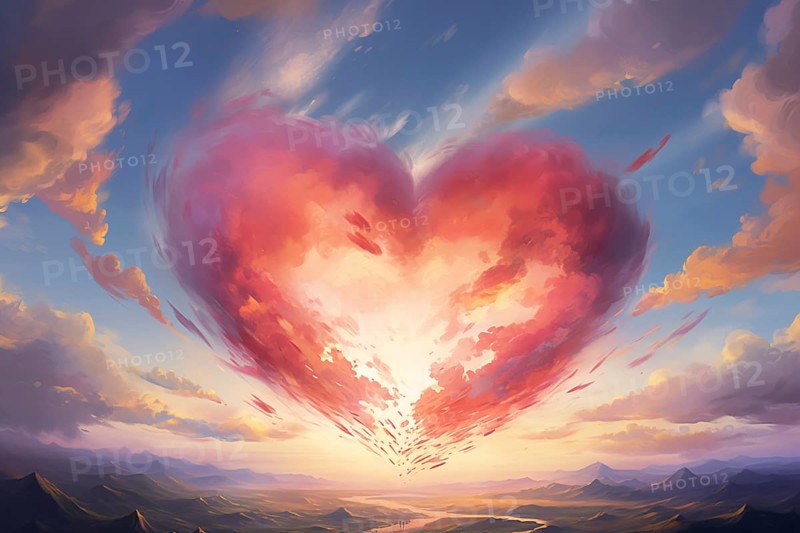 Painting of a heart-shaped cloud illuminated by the warm hues of sunset, floating above a serene sea of clouds. For love, romance, tenderness and Valentine day design, AI generated
