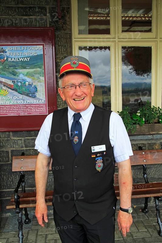 Station master at Ffestiniog and Welsh Highland Railway station, Porthmadog, Gwynedd, north west Wales, UK