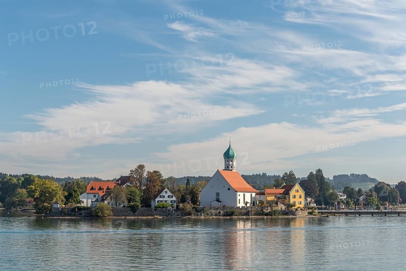 Moated castle, Lake Constance, parish church of St George, onion dome, Bavaria, Germany, Europe