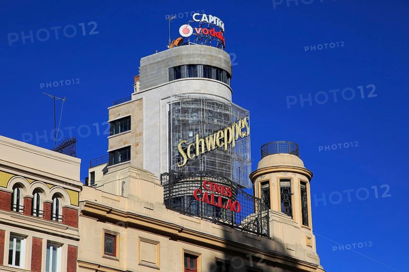 Buildings neon advert signs on Callao plaza square in Madrid city centre, Spain, Europe