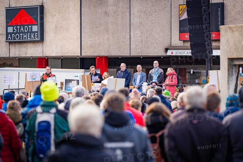 Demonstration participants listen to speakers on an open stage, Against the Right Demo, Nagold, Black Forest, Germany, Europe