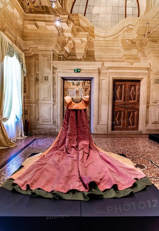 Wedding dress made of silk taffeta in various colours, 1992, exhibition of magnificent evening dress creations by the fashion designer Roberto Capucci, 17th century Villa Manin, residence of Ludovico Manin, Codroipo, Friuli, Italy, Codroipo, Friuli, Italy, Europe