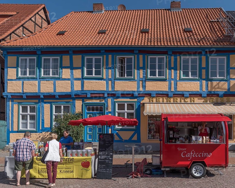 Renovated, historic half-timbered house, market square, Rehna, Mecklenburg-Western Pomerania, Germanybd
