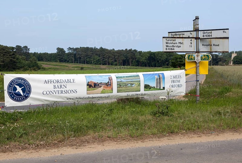Advertising for affordable barn conversions at Chillesford Lodge estate, near Orford, Suffolk, England, United Kingdom, Europe