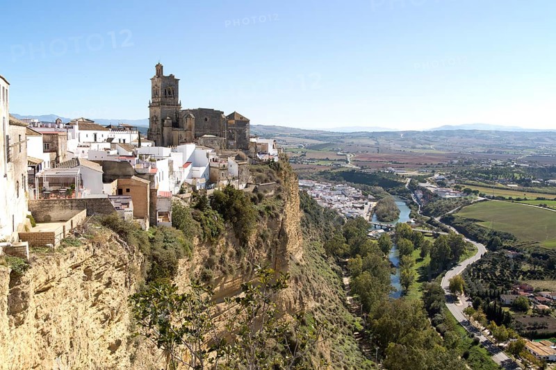 Cliff top buildings church of San Pedro, village of Arcos de la Frontera, Cadiz province, Spain, Europe
