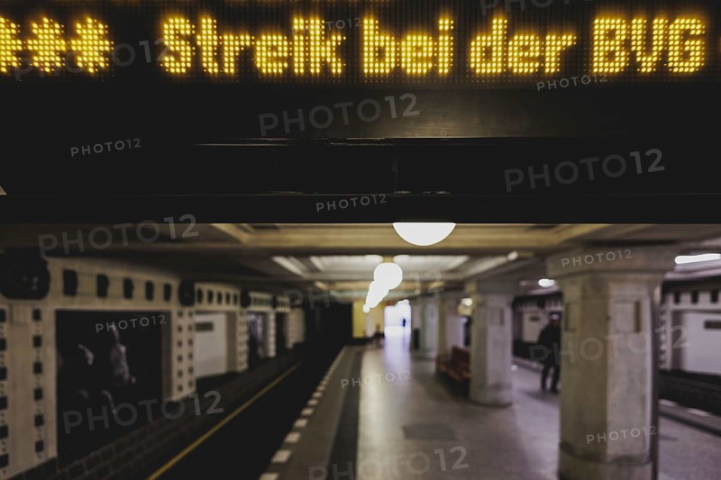 The announcement of a BVG strike is displayed on a display board at Rüdesheimer Platz underground station in Berlin, 27 February 2024. The Berlin public transport company (BVG) has announced strikes for Thursday and Friday