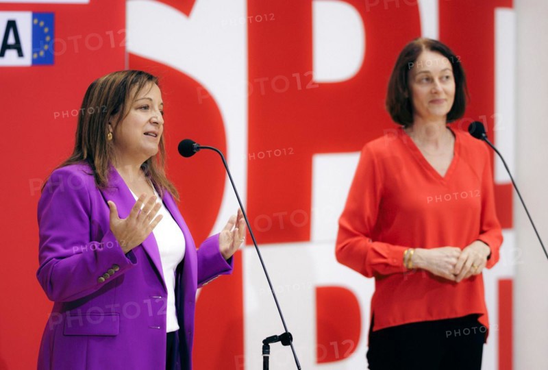 (R-L) Katarina Barley, SPD politician and Member of the European Parliament and Iratxe Garcia Perez, leader of the Spanish Progressive Alliance of Socialists and Democrats, during a press conference at the Willy Brandt House in Berlin, 8 April 2024