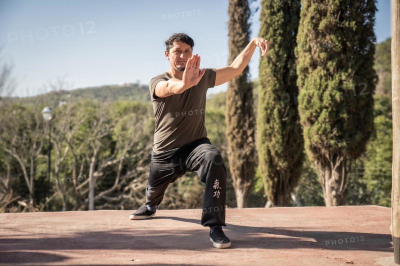A man immerses himself in the practice of Kung Fu, a Chinese martial art, in the stance within the form of Xiao Ba Ji Quan in a natural setting. Connection between mind, body, and environment