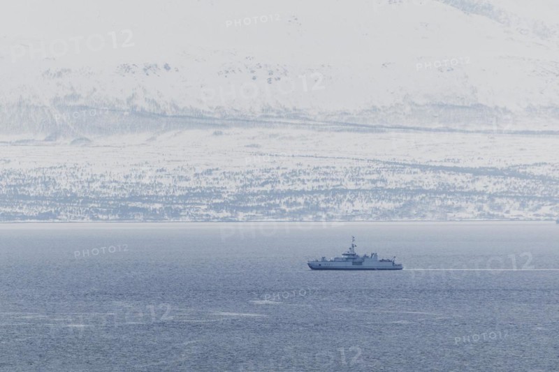 A naval vessel moored in a fjord as part of the NATO exercise Nordic Response near Tromso, 09.03.2024. The exercise, which will take place mainly in Scandinavia from 03 to 14 March, will be carried out by 20, 000 soldiers from 13 countries. Following NATO enlargement, soldiers from Sweden and Finland are also taking part in the exercise for the first time