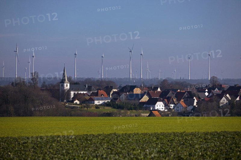 Sintfeld wind farm behind the village of Fürstenberg, Bad Wünnenberg, Paderborn plateau, North Rhine-Westphalia, Germany, Europe