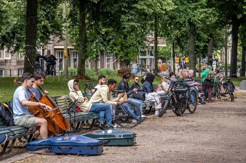 Park at the Hofvijver, opposite the historic Binnenhof, seat of the Dutch government, people taking a break, in the city centre of The Hague, Netherlands