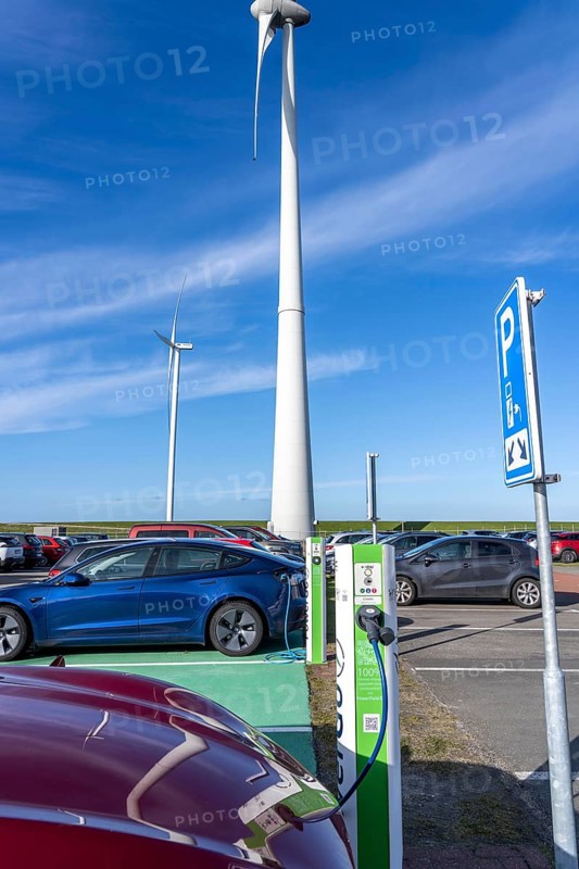 Electric car fast charging station, from the Dutch provider PowerGo, in the ferry harbour of Eemshaven, powered by renewable energy, Netherlands
