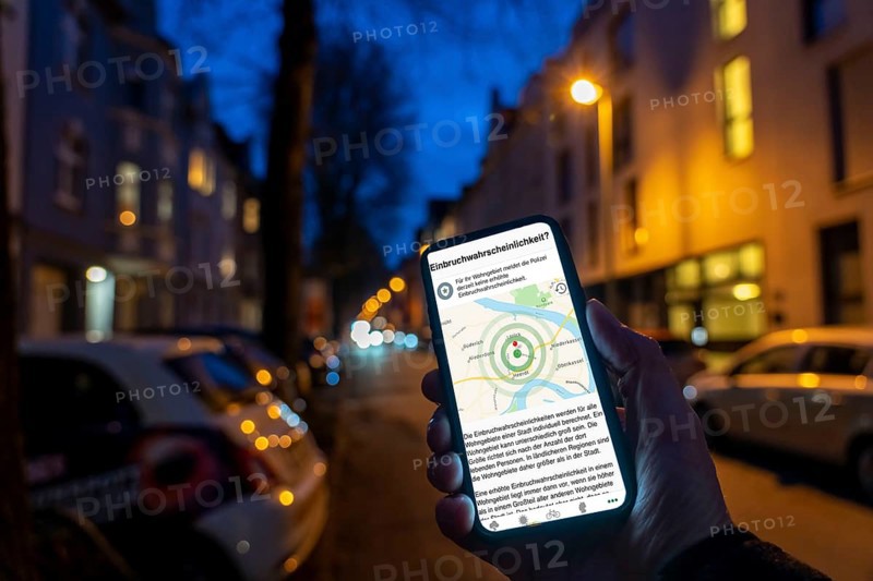 Symbolic image residential burglary, burglary radar app, MehrWetter app, shows the burglaries in the city, the last few days, residential street, many apartment buildings in a residential neighbourhood, evening, lantern lighting, Essen, North Rhine-Westphalia, Germany, Europe