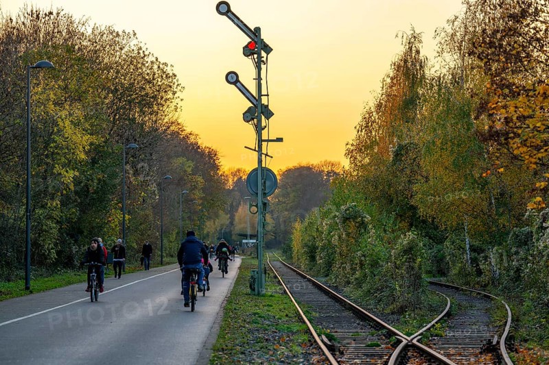 The Nordbahntrasse, a cycle path, footpath, on a former 22 KM long railway line, along the west-east axis of Wuppertal, on the northern slope, with many tunnels, viaducts and views of the city, old signalling system, Wuppertal, North Rhine-Westphalia, Germany, Europe
