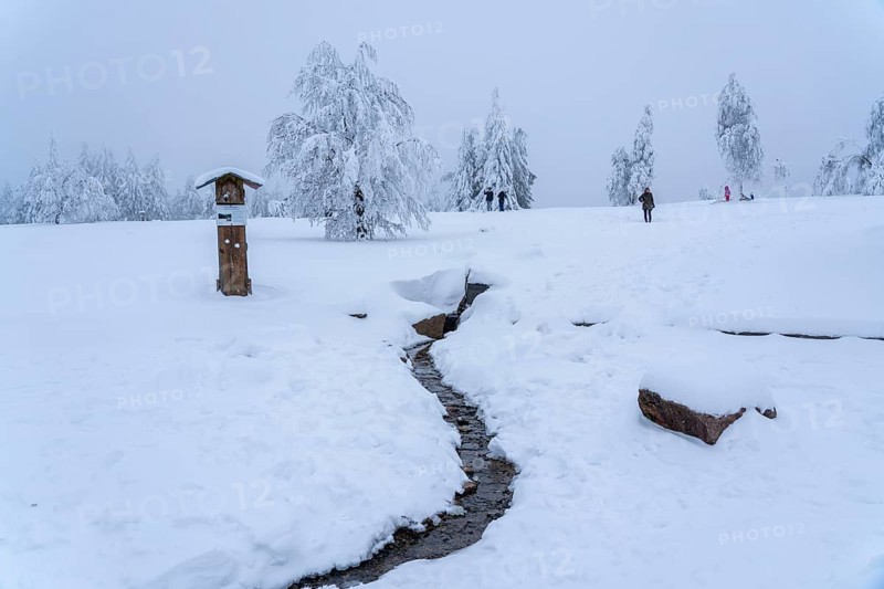 Source of the River Lenne, winter in Sauerland, Hochsauerlandkreis, at Kahler Asten, near Winterberg, few tourists, visitors, during the lockdown in January 2021, North Rhine-Westphalia, Germany, Europe