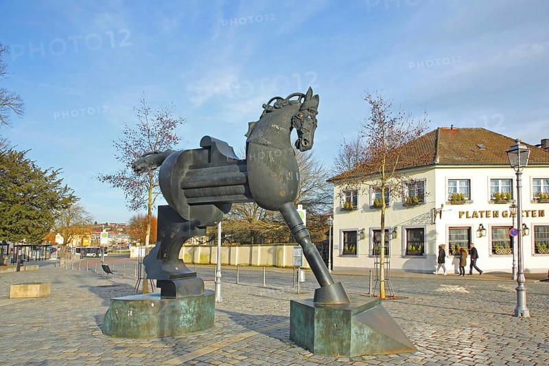 Sculpture Anscavallo by Jürgen Goertz 1993, horse figure, abstract, modern art, bizarre, whimsical, black, bronze, promenade, Schlossplatz, Ansbach, Middle Franconia, Franconia, Bavaria, Germany, Europe