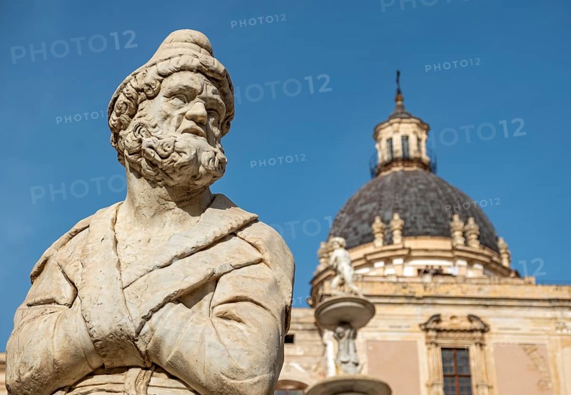 Statue of Praetorian Fountain and the dome of Santa Caterina church, Piazza Pretoria, Palermo, Sicily, Italy, Europe