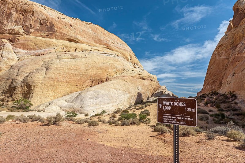Sign leads hikers through the White Domes Loop trail in Valley of Fire State Park near Overton, Nevada, USA, North America
