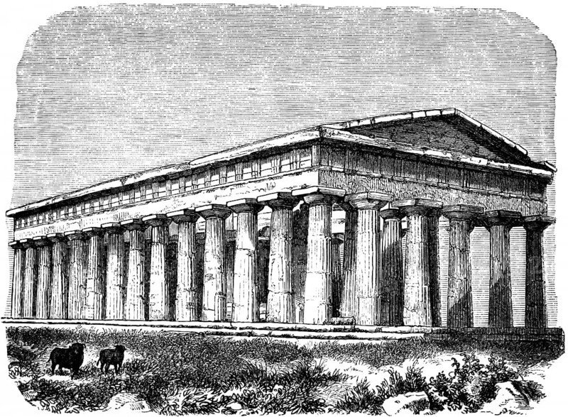 Temple of Neptune in Paestum, example of a hypethral temple, an unroofed temple, Greeks in antiquity, historical illustration ca. 1890