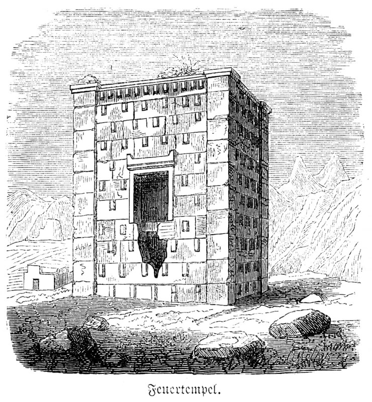 Square fire temple, Assyrian architecture, place of worship, square, Mesopotamia, historical illustration 1880