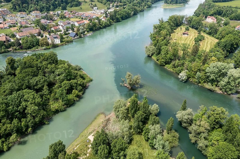 Confluence of river Limmat and river Aare at Limmatspitz, aerial view, Aargau, Switzerland, Europe