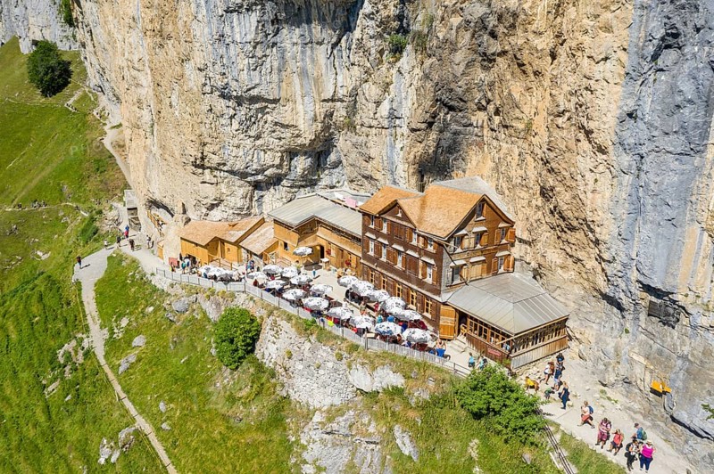 Ebenalp, Guest house Aescher, Wildkirchli under the Ascher cliff, aerial view, Ebenalp, Appenzell, Switzerland, Europe