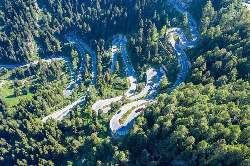 Curves of Majola mountain pass, drone shot, Switzerland, Europe