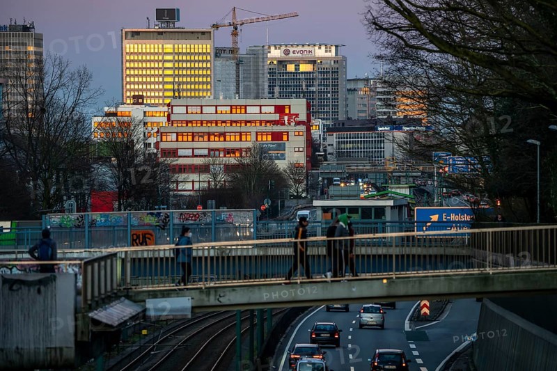 The skyline of Essen city centre, A40 motorway, Ruhr Expressway, North Rhine-Westphalia, Germany, Europe