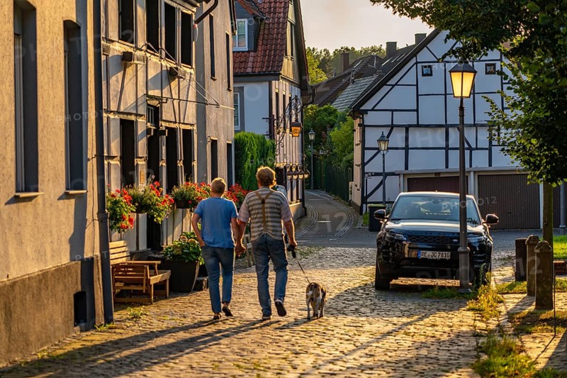 Old village of Westerholt, listed district of Herten Westerholt, over 60 old, well-renovated half-timbered houses form a historic village centre, Herten, North Rhine-Westphalia, Germany, Europe