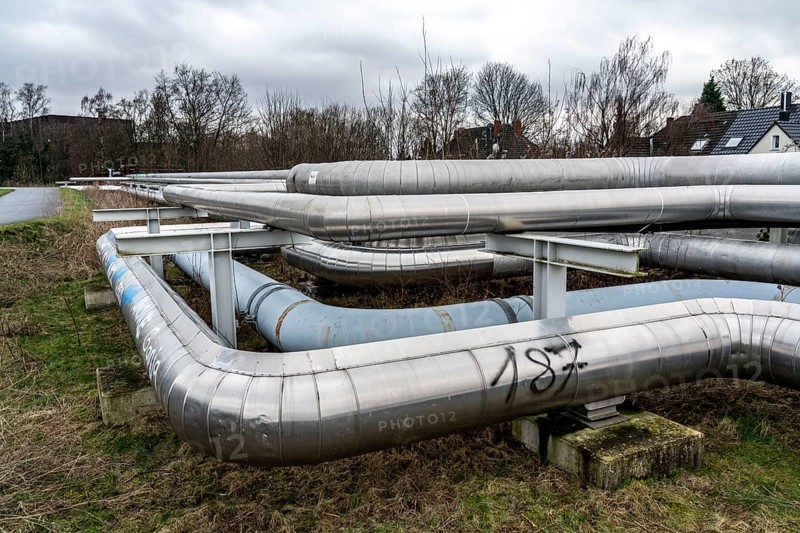 District heating pipelines, Hertener Stadtwerke, transfer point at the former Schlägel & Eisen colliery, from the power station pipelines to the municipal network, for supplying households with district heating, Herten, North Rhine-Westphalia, Germany, Europe