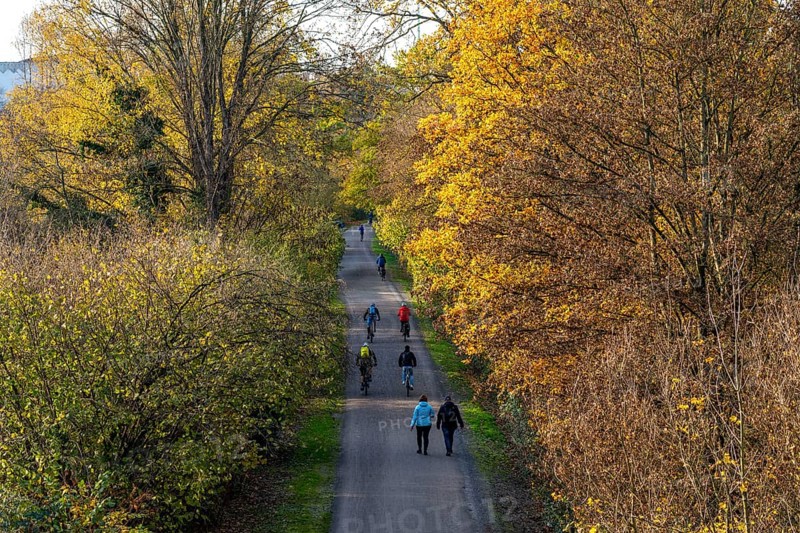 The Grugatrasse, former railway line between Essen and Mülheim an der Ruhr, now cycle path, footpath, leads in the west to the Radschnellweg Ruhr, RS1, Essen, North Rhine-Westphalia, Germany, Europe