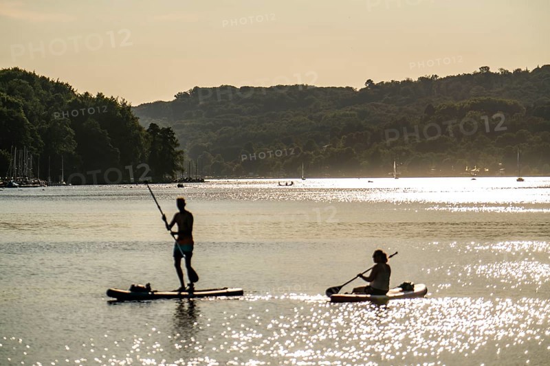 North-eastern part of Lake Baldeney, Stand up paddler, Sup, Essen, North Rhine-Westphalia, Germany, Europe